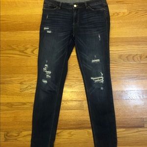WHBM Dark Wash Skinny Jeans, Distressed Sequin